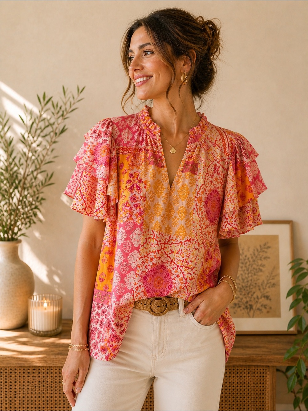 Entro Boho Floral Blouse NWT Pink Orange Ruffle Sleeve Top Small Lined